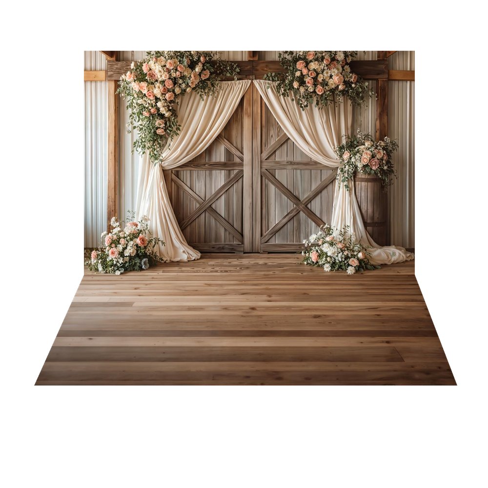 Kate Spring Romantic Flower Arch Barn Doors Cream Drapes Backdrop+Brown Wood Plank Floor Backdrop