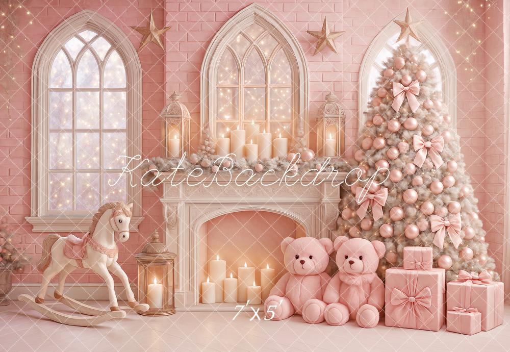 Kate Christmas Tree Fireplace Teddy Bear Pink Backdrop Designed by Ashley Paul