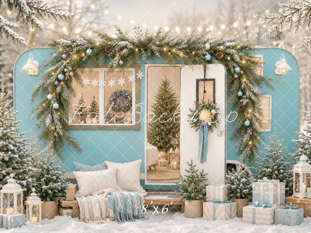 Kate Christmas Blue Camper Garland Trees Gifts Snowy Printed Backdrop Designed by Emetselch