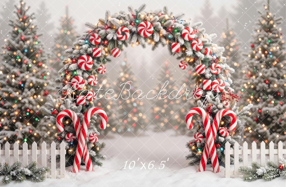 Kate Christmas Flower Arch Candy Cane Trees Fence Printed Backdrop Designed by Emetselch