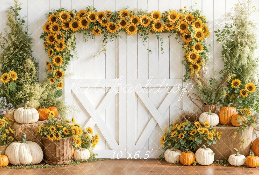 Kate Fall Sunflower Arch White Barn Pumpkins Rustic Backdrop Designed by Emetselch