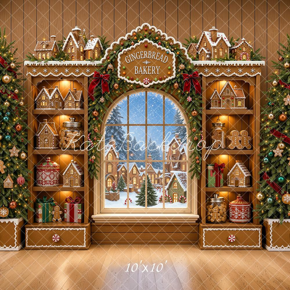 Kate Christmas Trees Gingerbread Bakery Snowy Window Printed Backdrop Designed by Shutter Swan Studios