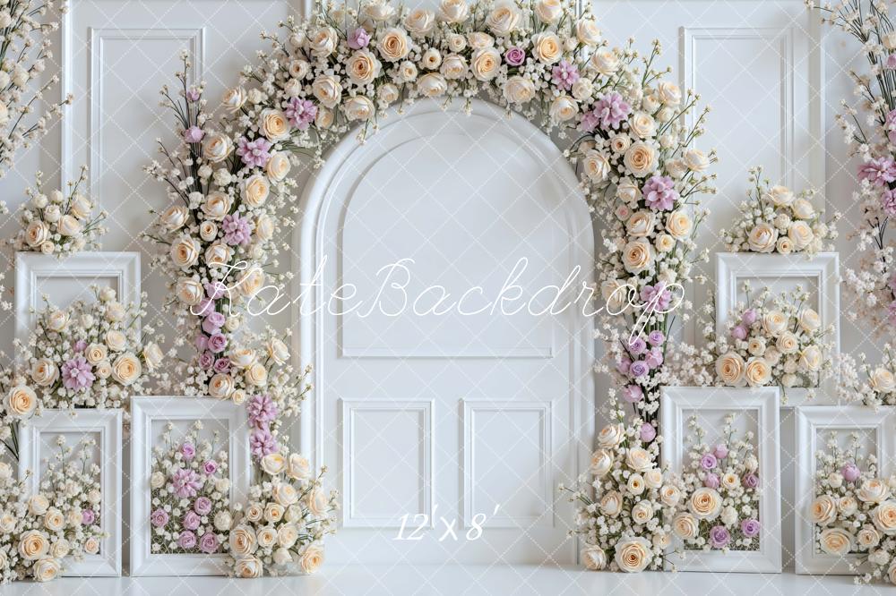 Kate Spring Flower Arch White Wall Frames Pastel Roses Backdrop Designed by Mini MakeBelieve
