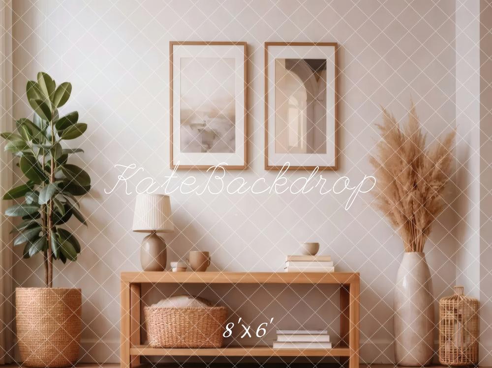 Kate Neutral Living Room Plant Cabinet Decor Printed Backdrop Designed by Vertigo Productions