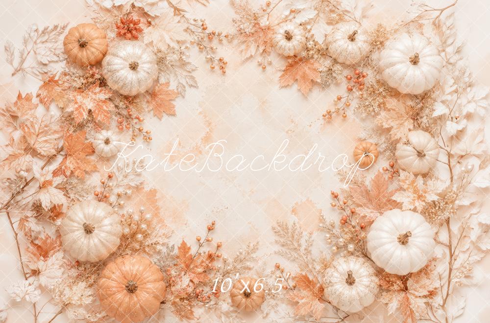 Kate Fall Pumpkins Maple Leaves Beige Printed Backdrop Designed by Megan Leigh Photography