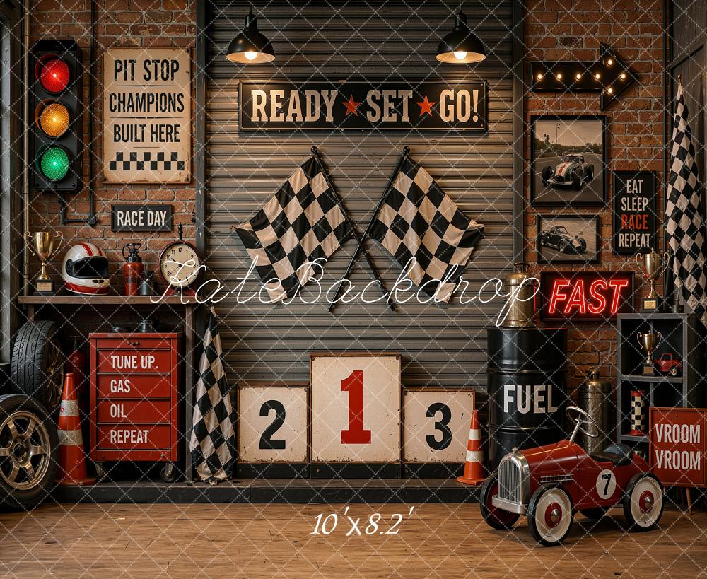 Kate Vintage Racing Garage Vintage Pedal Car Checkered Flags Printed Backdrop Designed by Shutter Swan Studios