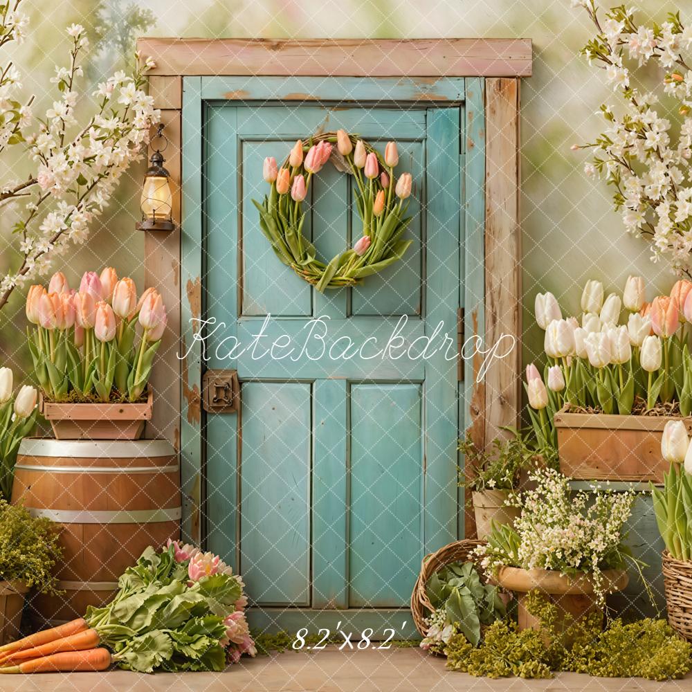 Kate Spring Blue Door Tulips Flower Garden Backdrop Designed by Emetselch