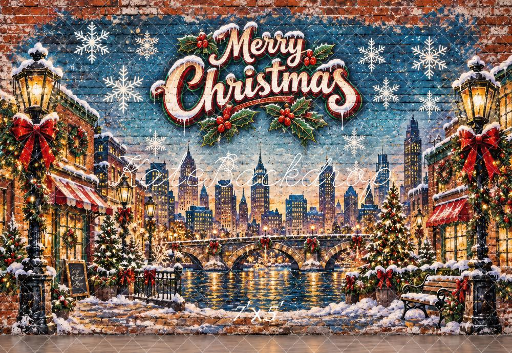 Kate Christmas Snowy Cityscape Bridge Graffiti Printed Backdrop Designed by Laura Bybee