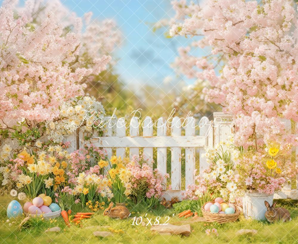 Kate Easter Spring Bunny Pink Blossoms White Fence Flowers Backdrop Designed by Emetselch