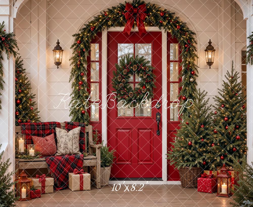 Kate Christmas Red Door Front Porch Garland Trees Gifts Printed Backdrop Designed by Shutter Swan Studios