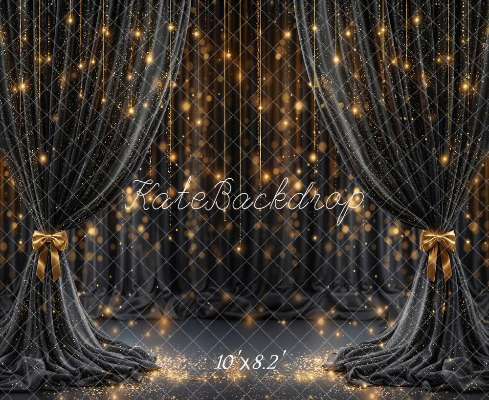 Kate Black Curtain Gold Glitter Bow Lights Stage Backdrop Designed by Emetselch