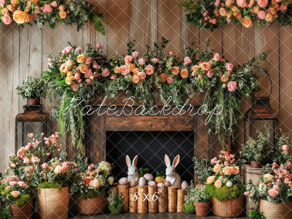 Fondo de madera de chimenea floral de conejito de pascua diseñado por Patty Roberts