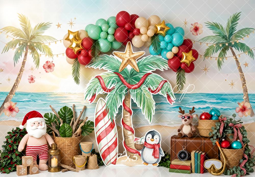 Kate Christmas Australian Tropical Beach Santa Balloon Arch Printed Backdrop Designed by Patty Roberts