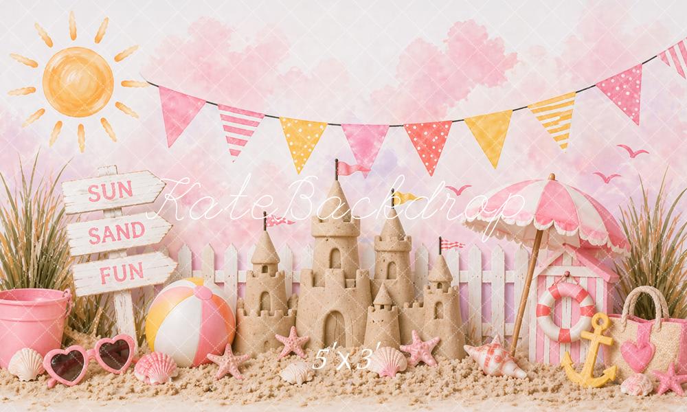 Kate Summer Sandcastle Beach Umbrella Pink Printed Backdrop Designed by Caitlin Lynch