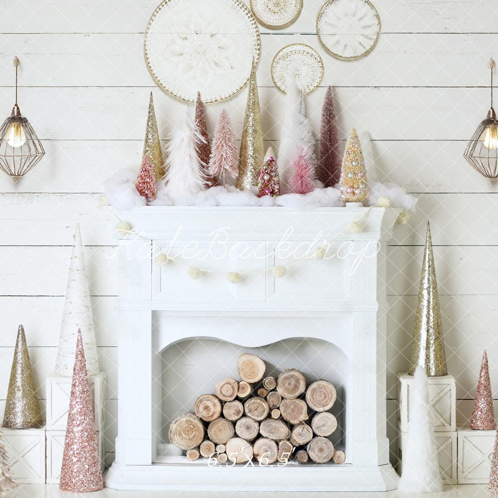 Kate Christmas Boho White Fireplace Glitter Cone Trees Backdrop Designed by Mandy Ringe Photography