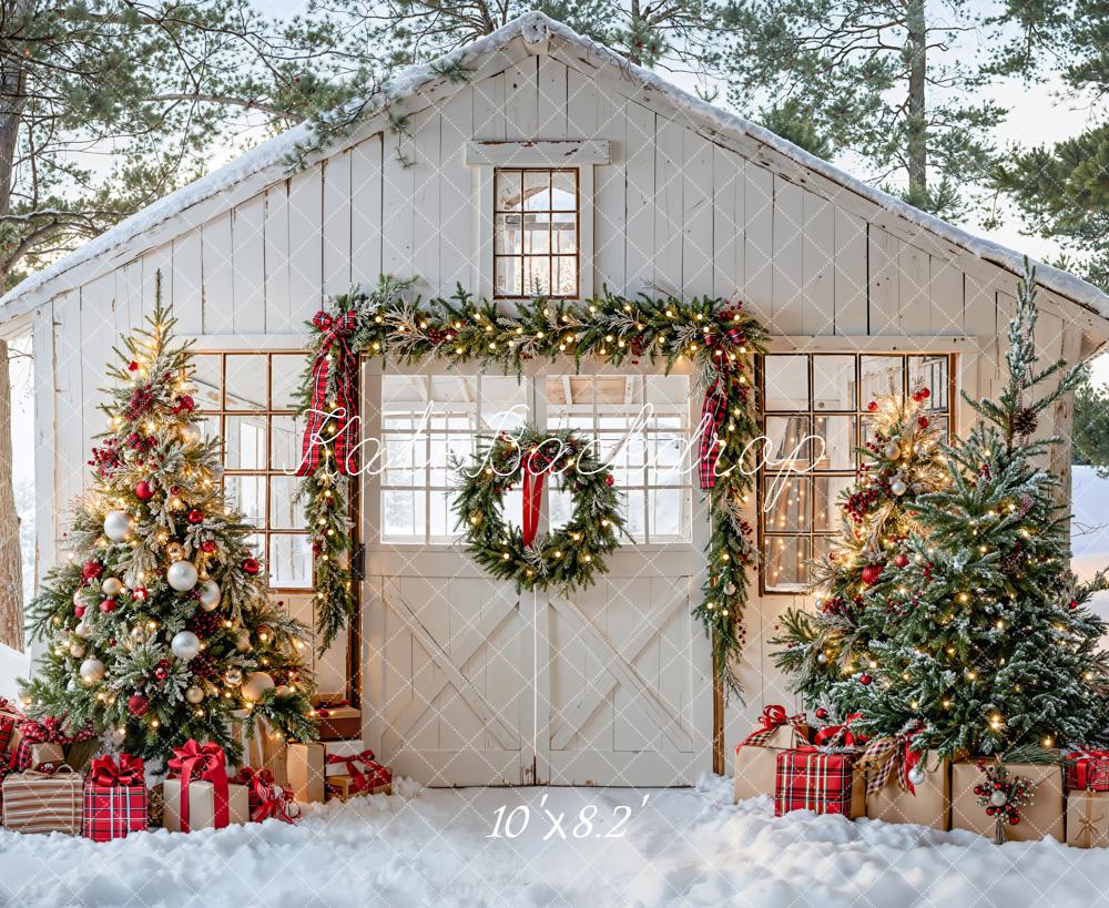 Kate Christmas White Door Snowy House Trees Garland Gifts Backdrop Designed by Emetselch