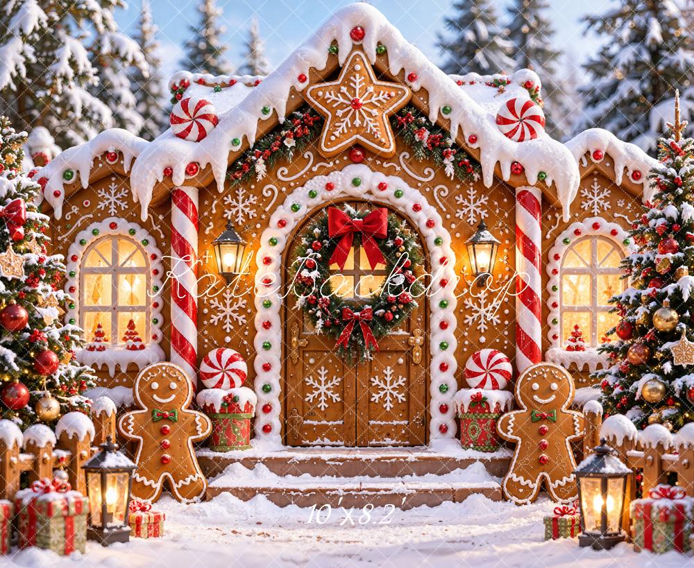 Kate Christmas Snowy Gingerbread House Doorway Candy Cane Printed Backdrop Designed by Chain Photography