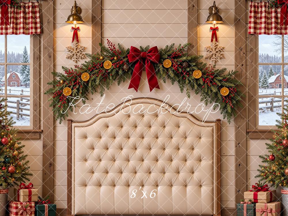 Kate Christmas Headboard Rustic Cabin Garland Trees Printed Backdrop Designed by Shutter Swan Studios