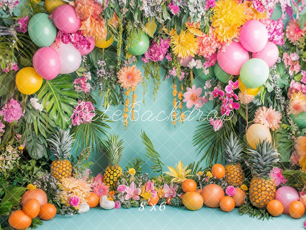 Kate Cake Smash Tropical Fruits Floral Balloon Backdrop Designed by Ashley Paul