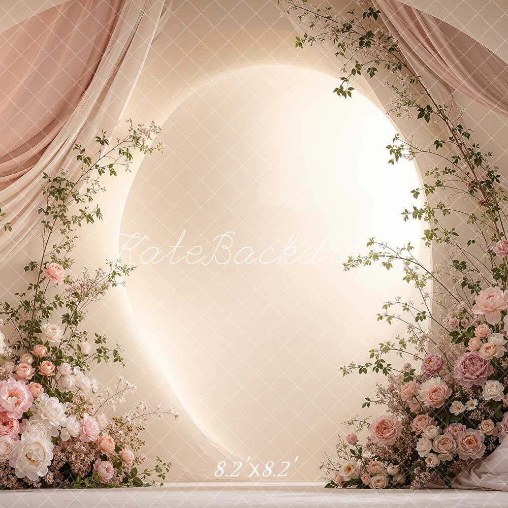 Kate Wedding Pink Flower Arch Draped Curtains Printed Backdrop Designed by Shutter Swan Studios
