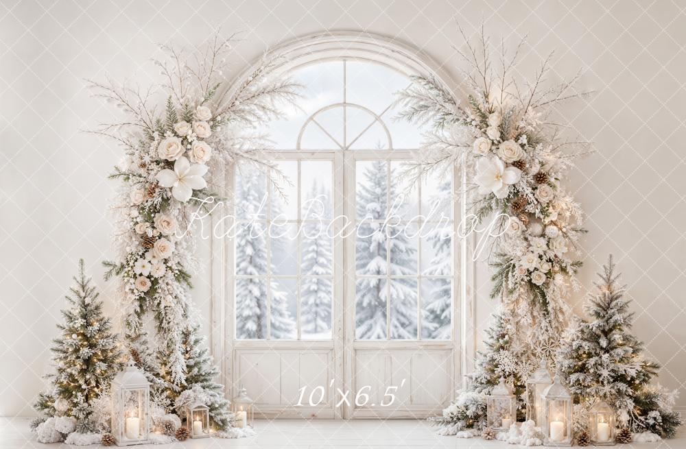 Kate Christmas Flower Arch White Winter Door Snowy Printed Backdrop Designed by Emetselch