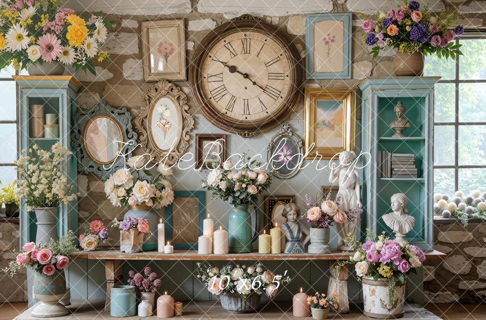 Kate Vintage Wall Clock Floral Cabinets Busts Candles Backdrop Designed by Mini MakeBelieve