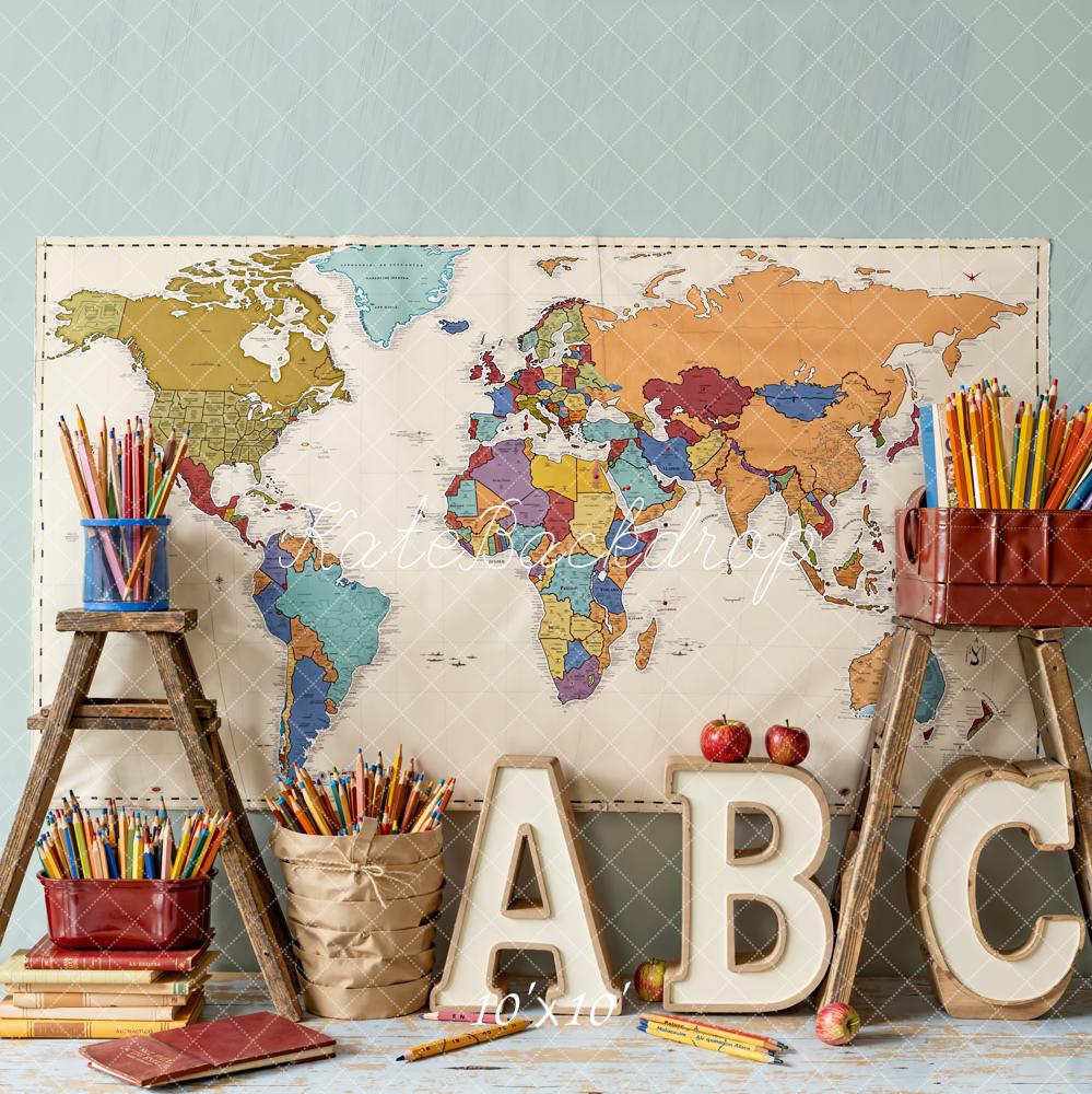 Kate Back To School World Map Alphabet Pencils Books Backdrop Designed by Emetselch