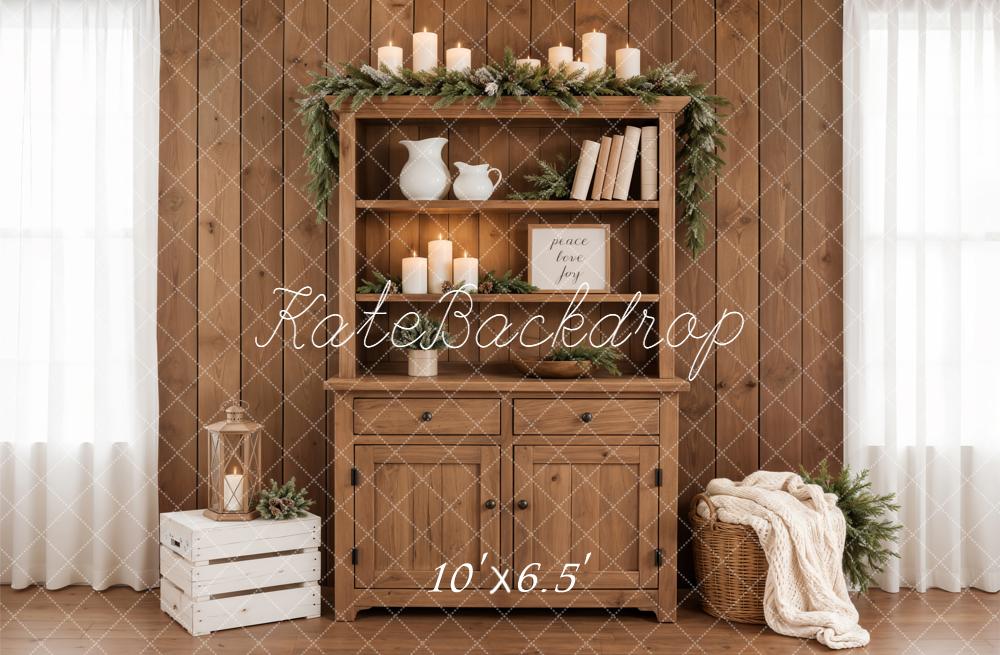 Kate Rustic Wooden Cabinet Candles Garland Crate Basket Printed Backdrop Designed by Emetselch