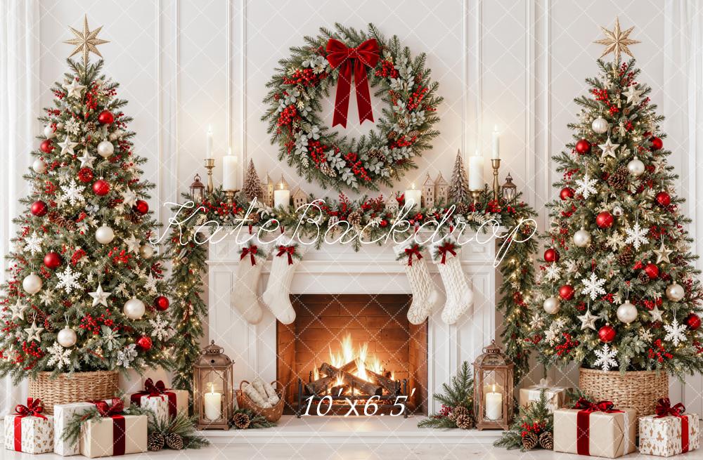 Kate Christmas Fireplace Trees Wreath Stockings White Printed Backdrop Designed by Emetselch