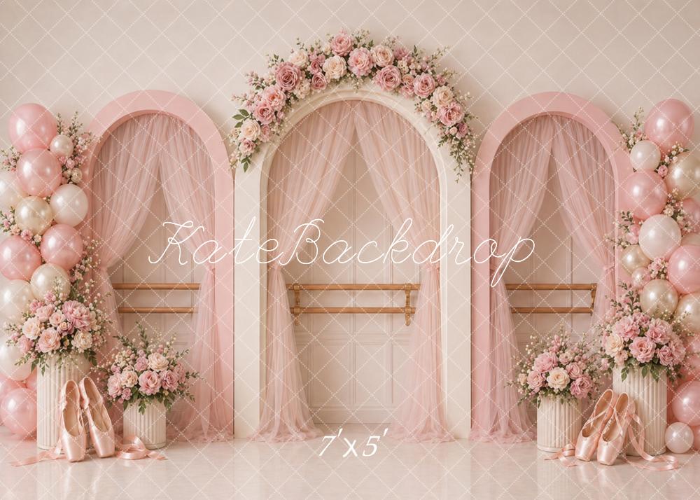 Kate Birthday Pink Ballet Studio Flower Arch Balloons Printed Backdrop Designed by Caitlin Lynch