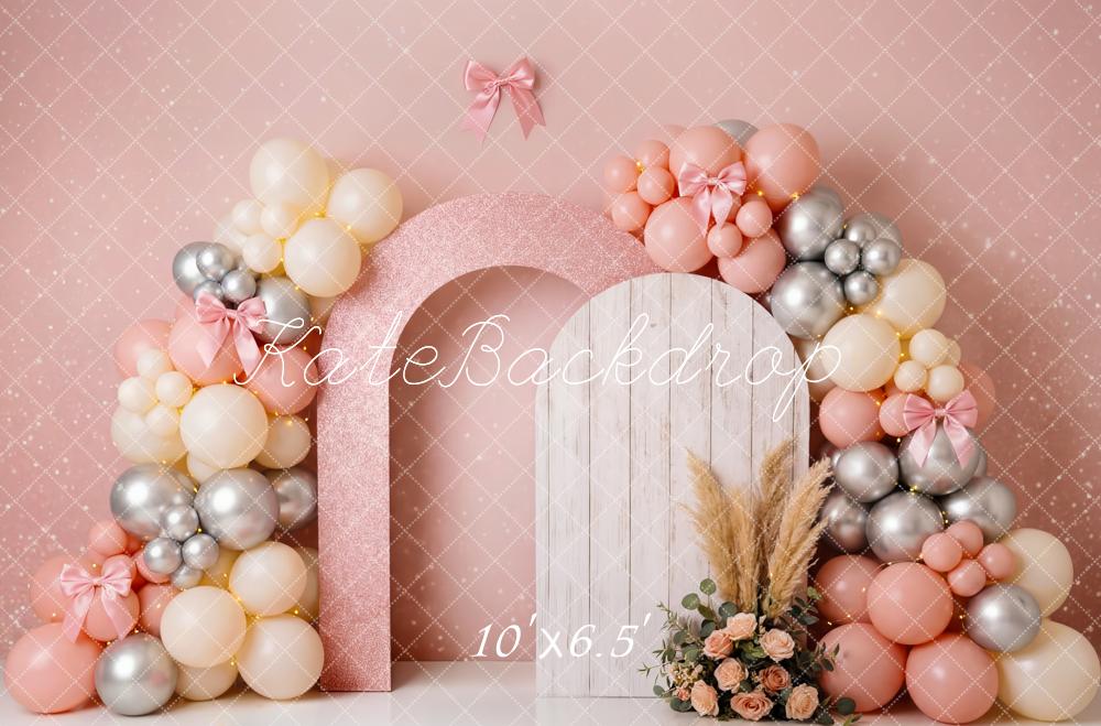 Kate Birthday Pink Balloon Arch Pampas Flowers Printed Backdrop Designed by Patty Roberts