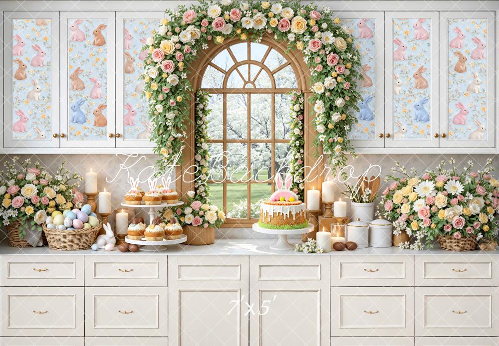 Kate Easter Bunny Kitchen Floral Arch Printed Backdrop Designed by Mini MakeBelieve
