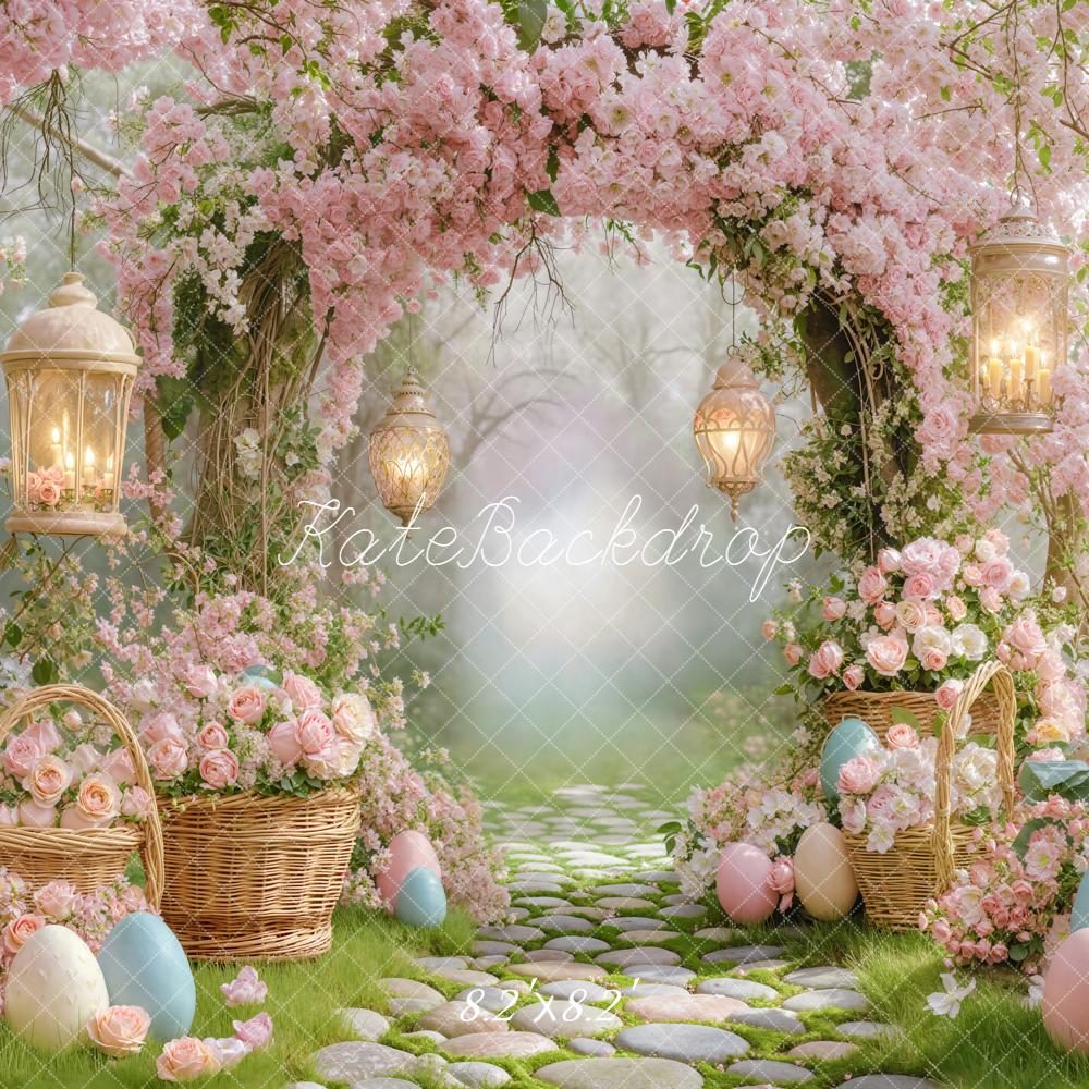Kate Easter Bunny Flower Arch Pink Cobblestone Path Printed Backdrop Designed by Emetselch