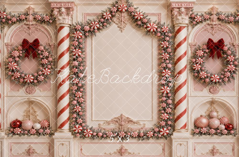 Kate Christmas Pink Candy Wreath Columns Printed Backdrop Designed by Vertigo Productions