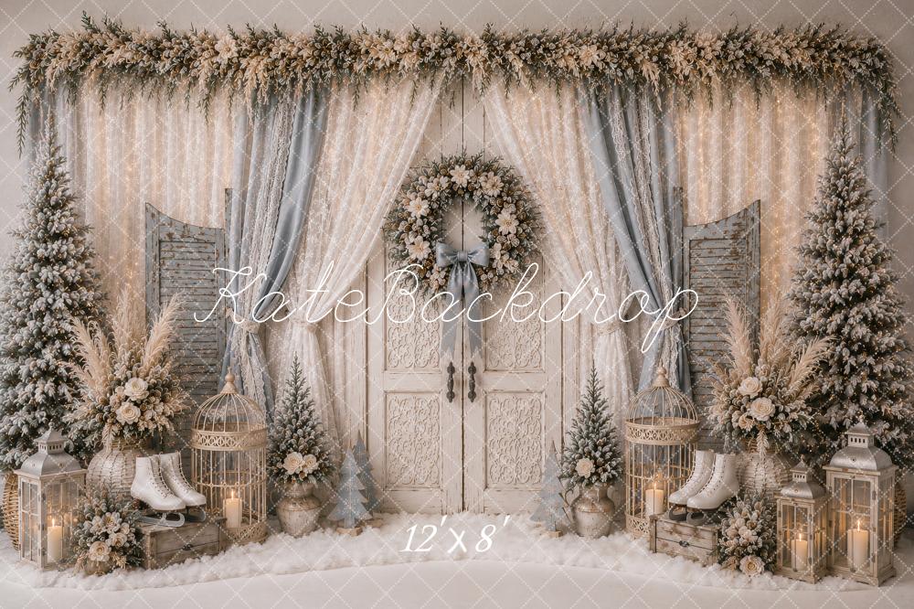Kate Christmas White Double Doors Wreath Lace Curtains Trees Printed Backdrop Designed by Ashley Paul