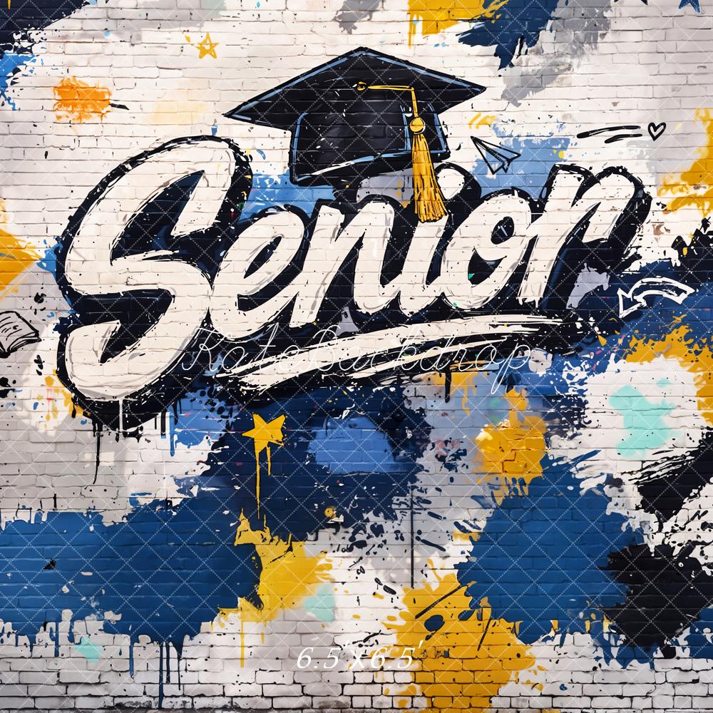 Kate Senior Graffiti Graduation Cap Blue Yellow Brick Wall Printed Backdrop Designed by Emetselch