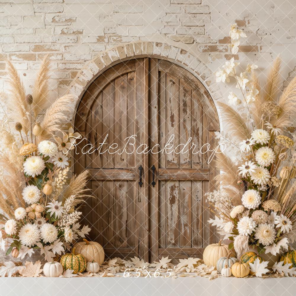 Kate Fall Arched Wooden Door Pumpkin Flower Pampas Grass Printed Backdrop Designed by Emetselch