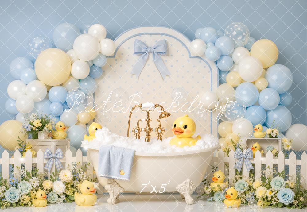 Kate Baby Shower Spring Floral Blue Balloon Bathtub Rubber Duck Printed Backdrop Designed by Emetselch