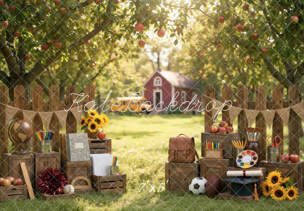 Kate Back To School Exterior Brown Fence Apple Orchard Wooden Crates Printed Backdrop Designed by Mini MakeBelieve