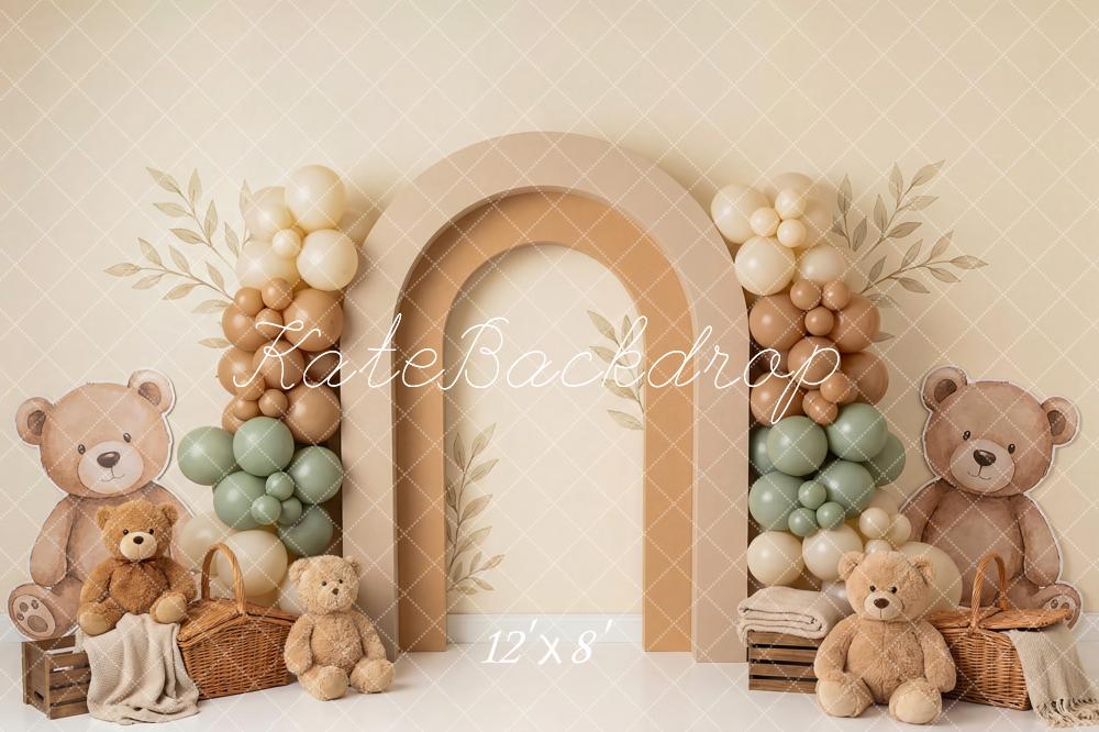 Kate Cake Smash Teddy Bear Balloon Arch Basket Beige Printed Backdrop Designed by Patty Roberts