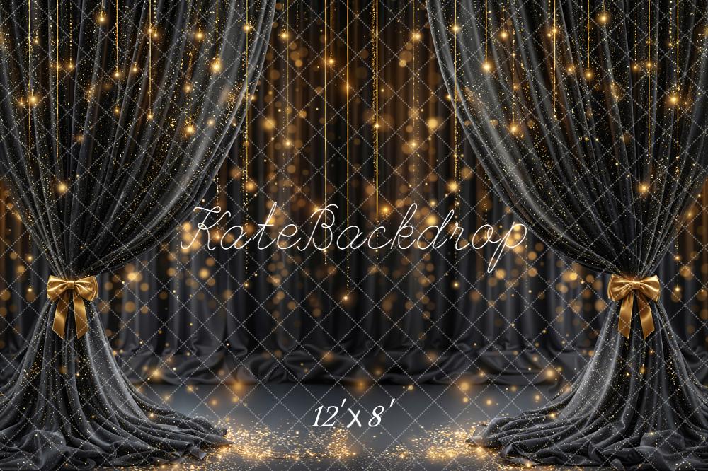 Kate Black Curtain Gold Glitter Bow Lights Stage Backdrop Designed by Emetselch