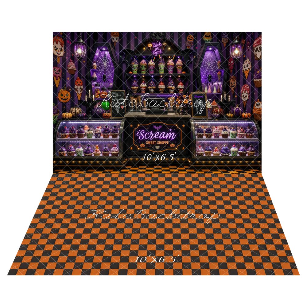 Kate Halloween Candy Shop Cupcake Display Printed Backdrop+Orange Black Argyle Checkerboard Pattern Printed Floor Backdrop