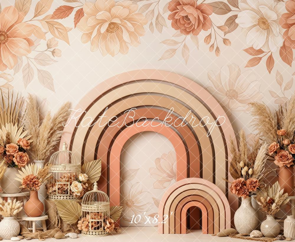 Kate Boho Cake Smash Flower Arch Rainbow Dried Flowers Printed Backdrop Designed by Patty Roberts