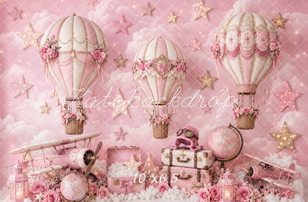Kate Cake Smash Pink Hot Air Balloons Airplane Travel Printed Backdrop Designed by Ashley Paul