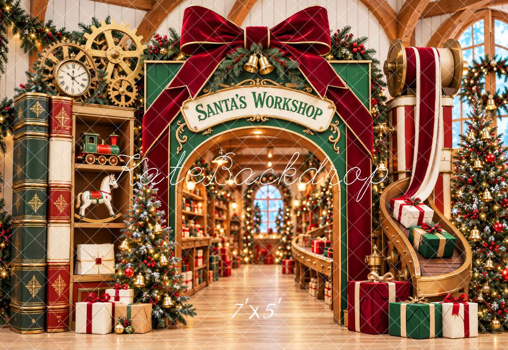 Kate Christmas Santa's Workshop Bow Arch Gifts Printed Backdrop Designed by Emetselch