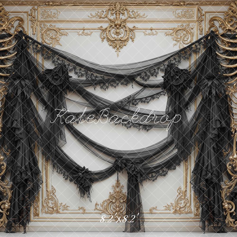 Kate Halloween Black Gothic Drapery Bone Wall Printed Backdrop Designed by Mini MakeBelieve