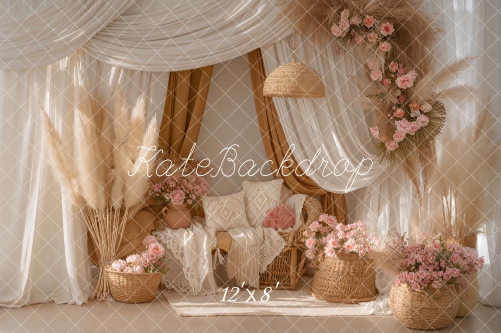 Kate Boho Pampas Grass Pink Flowers Wicker Sofa Printed Backdrop Designed by Emetselch
