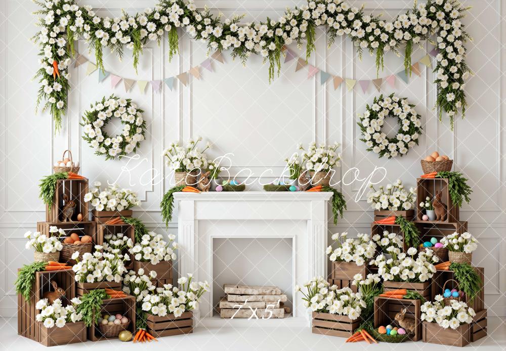 Kate Easter Bunny White Floral Fireplace Crates Printed Backdrop Designed by Mini MakeBelieve