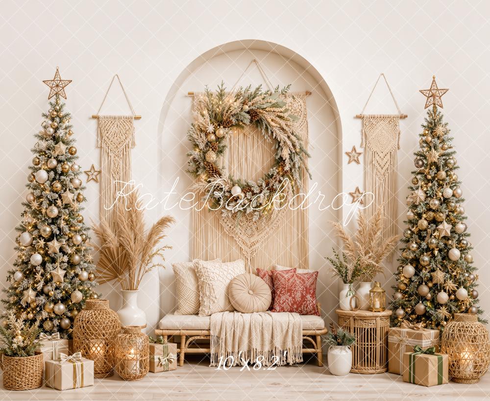 Kate Christmas Boho Macrame Wreath Christmas Trees Pillows Printed Backdrop Designed by Emetselch