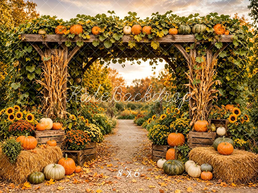 Kate Fall Floral Archway Pumpkin Sunflowers Hay Bales Printed Backdrop Designed by Emetselch